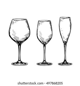 Sketch set of empty wineglasses. Isolated on white background. Hand drawn vector illustration. Retro style.