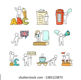 Sketch set of english icons with working little people. Doodle cute miniature of teamwork and british symbols. Hand drawn cartoon vector illustration for school subject design.