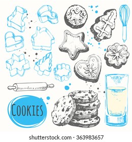 Sketch set with figure forms for cookies and biscuits with chocolate. Set of Christmas sweet food. Funny labels with homemade dessert. 