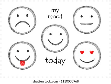 sketch set of five smilies with different emotions for every day isolated on white, horizontal vector illustration