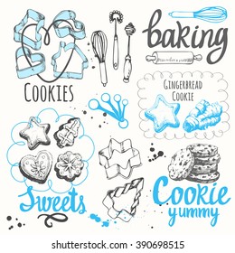 Sketch set with forms for cookies and chocolate chip. Vector illustration of fresh organic baking with recipe. Funny labels with dessert pastries. 