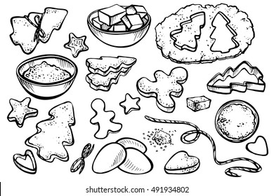 Sketch set with forms for cookies and christmas cookies. Vector illustration of Baking gingerbread.