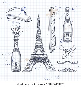 Sketch, set french attributes. Beret, The Eiffel Tower, bottle of champagne, bread, neck scarf and mustaches on a notebook page