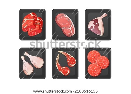 Sketch set of fresh uncooked meat products packed in dark plastic trays. Raw beef steak, pork, turkey, lamb.