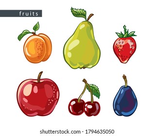 sketch set of fruits: 
apricot, pear, strawberry, apple, cherry, plum