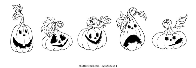 Sketch set of funny autumn pumpkin characters. Vector cartoon graphics.