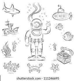 Sketch Set Of Funny Cartoon Isolated Objects On Underwater Diving Theme