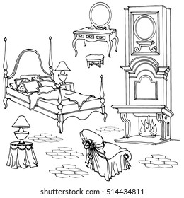 sketch set of furniture for interior of  bedroom with fireplace, chair, dressing table with mirror, and a bed with columns, old styled room indoor in black vector lines, white background