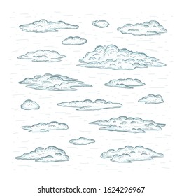 Sketch set of hand drawn graphic blue clouds isolated on white background. Design elements. Vector illustration