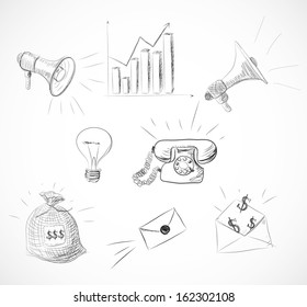 Sketch set of hand-drawn business design elements isolated on white background. Vector illustration.