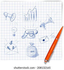 Sketch set of hand-drawn business design elements isolated on white background. Vector illustration. 