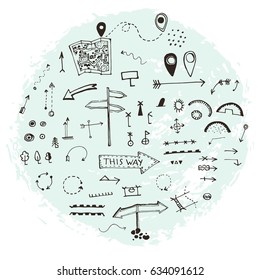 Sketch, a set of hand-drawn elements of topographic maps. Doodles, arrows, schemes, pointers. Vector illustration.