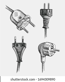 Sketch set of hand-drawn plugs. The set consists of Type E plug, US Type C plug, Type F (4.8mm pins) plug, Type C plug