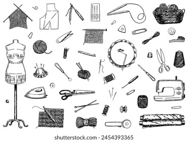 Sketch set of handicraft equipment, needlecraft hobby. Doodles of tailor tools, crochet, knitting, thread, needle, scissors. Outline vector illustrations collection.