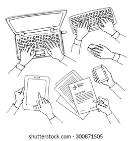 Sketch set of hands holding various hi-tech communication devices. Business concept of hand using laptop, tablet and smart phone, writing and typing on a keyboard. Black and white doodle illustration