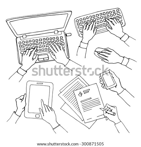 Sketch set of hands holding various hi-tech communication devices. Business concept of hand using laptop, tablet and smart phone, writing and typing on a keyboard. Black and white doodle illustration