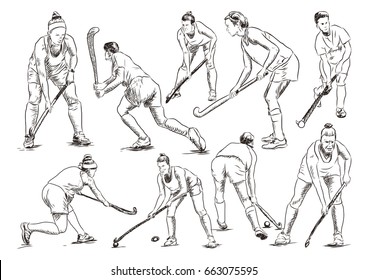 Sketch set of hockey player playing in vector illustration.