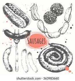 Sketch set with hot dogs, salami, home-made sausage.  Vector food illustration with various meats products. Fresh organic meat products.