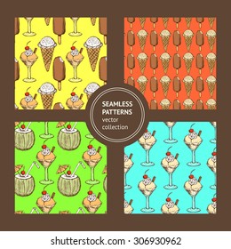 Sketch set with ice cream patterns, tasty vector seamless pattern