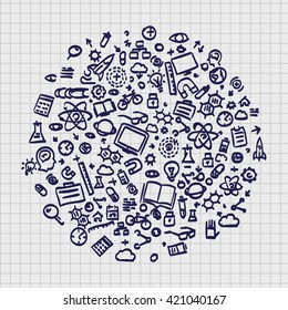 Sketch set of icons Sciences, Circle many icon set, Circle Education, Circle sign technology, Vector illustration