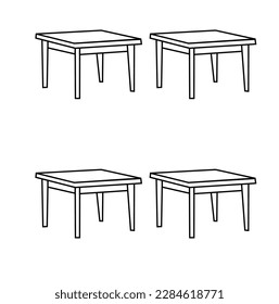 Sketch set isolated furniture. Different tables. Linear black tables on a white background. Vector illustration.Sketch the room. Office chair, desk, various objects on the table. Sketch workspace.