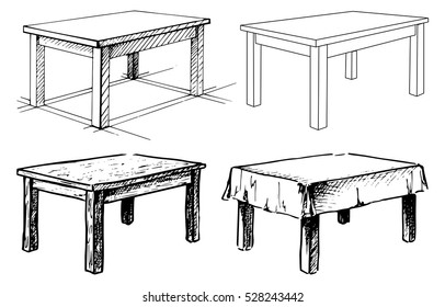 Sketch set isolated furniture. Different  tables. Linear black tables on a white background. Vector illustration.