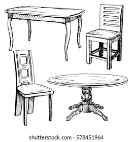 Sketch set isolated furniture. Different chairs and table. Linear black furniture on a white background. Vector illustration.