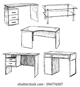 Sketch set isolated furniture. Different  tables. Linear black tables on a white background. Vector illustration.