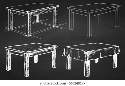 Sketch set isolated furniture. Different tables on the chalkboard. Vector illustration.