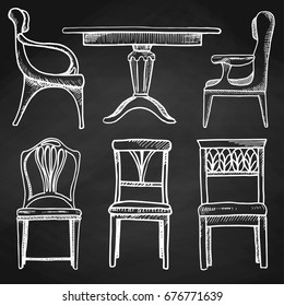 Sketch set isolated furniture. Different chairs and tables. Hand drawn chalk on a chalkboard.Vector illustration in a sketch style.