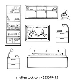 Sketch set isolated furniture. Linear black furniture on a white background. Vector illustration