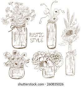 Sketch set of isolated mason jars and bottle with flowers. Wedding, birthday, shower party design decoration elements