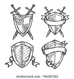 Sketch Set of isolated medieval shields with ribbons and swords. Protection emblem with weapon and ancient knight defence tool. Safety logo or empty heraldic banner. Guarantee and guard, safety theme