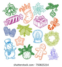 Sketch Set of isolated new year or christmas sweeties. Bubbles and decorations for fir-tree, sock with candy and laurel wreath, star and snowman, waterglobe or snowdome, cone. Merry xmas, winter theme