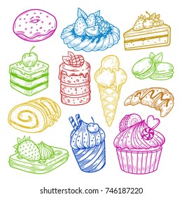 Sketch Set of isolated sketches of sweets. Bakery and pastry, confectionery products for dessert. Croissant and donut, cake with cherry and pie with strawberry, cupcake and roulette, ice-cream