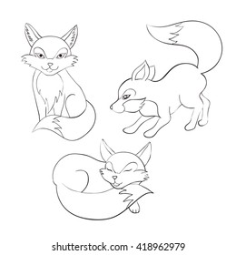sketch set of isolated vector illustration of the fox in different positions in a cartoon style.