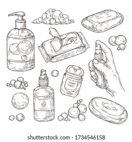 Sketch set of items for disinfection. Sanitizer,antibacterial gel and spray, wipes, disposable towels, soap for the prevention of viral infections. 