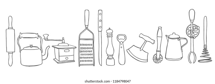 Sketch Set of kitchen utensils, isolated on white vector illustration