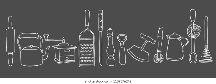 Sketch Set of kitchen utensils, isolated on black vector illustration