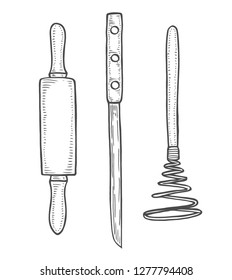 Sketch Set of kitchen utensils, isolated on white vector illustration