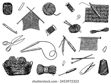 Sketch set of knitting needles, crochet hook, yarn, stitch marker, handicraft tools. Hobby, knitwork doodle. Outline vector illustrations collection. svg