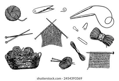 Conjunto de bocetos de agujas de tejer, hilo, marcador de puntada, tijeras. Herramientas de artesanía, garabato de punto de pasatiempo. Colección de Ilustraciones vectoriales de esquema.