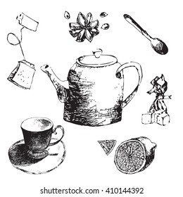 sketch  set lemon, tea, sugar, candy and star anise.hand drawn illustration of tea set. Vector illustration