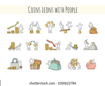 Sketch set with little people and coins. Doodle cute finance objects. Hand drawn cartoon vector illustration for business design.
