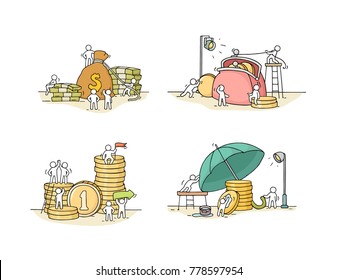 Sketch set with little people and coins. Doodle cute finance objects. Hand drawn cartoon vector illustration for business design.