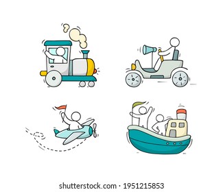 Sketch set of little people on train, boat, plane, car. Doodle cute collection about transportation. Hand drawn cartoon vector illustration for vacation design.