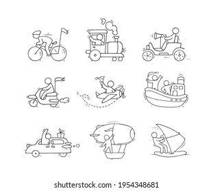 Sketch set of little people on train, boat, plane, car. Doodle cute collection about transportation. Hand drawn cartoon vector illustration for vacation design.