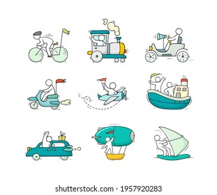 Sketch set of little people on train, boat, plane, car. Doodle cute collection about transportation. Hand drawn cartoon vector illustration for vacation design.