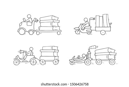 Sketch set of many books with little people. Doodle cute miniatures with cars and education symbols. Hand drawn cartoon vector illustration for school design.