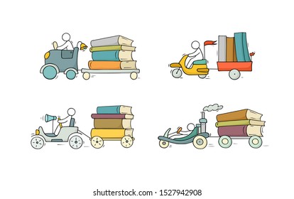 Sketch set of many books with little people. Doodle cute miniatures with cars and education symbols. Hand drawn cartoon vector illustration for school design.